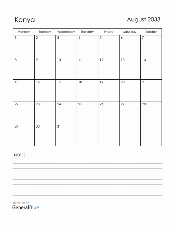 August 2033 Kenya Calendar with Holidays (Monday Start)