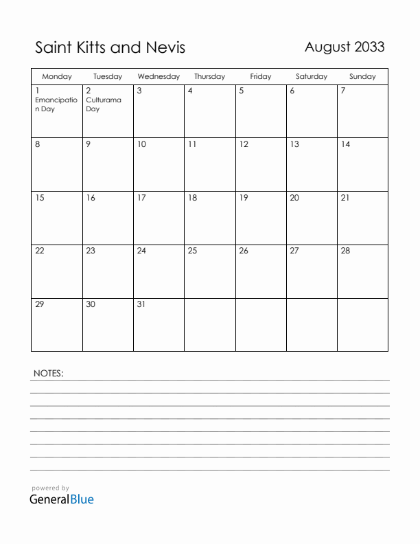 August 2033 Saint Kitts and Nevis Calendar with Holidays (Monday Start)