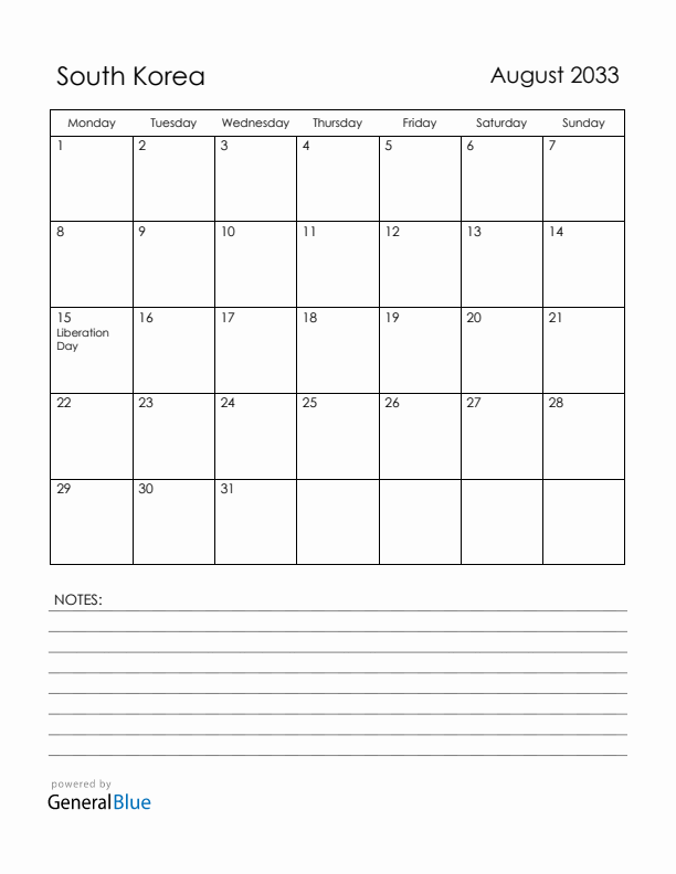 August 2033 South Korea Calendar with Holidays (Monday Start)