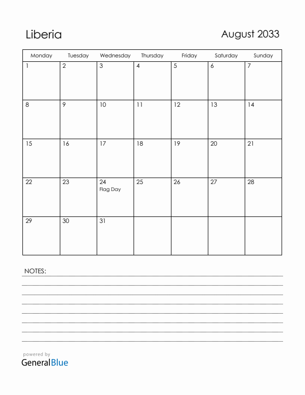 August 2033 Liberia Calendar with Holidays (Monday Start)