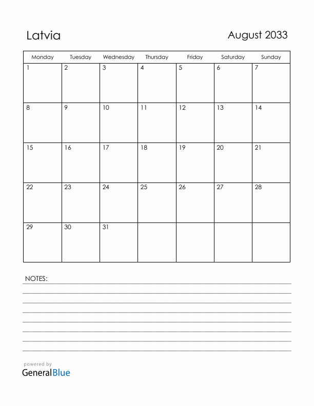 August 2033 Latvia Calendar with Holidays (Monday Start)
