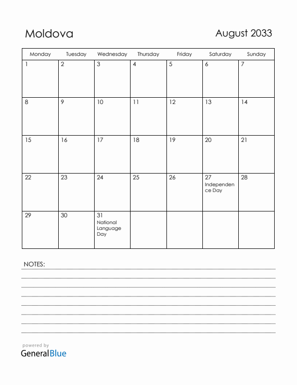 August 2033 Moldova Calendar with Holidays (Monday Start)