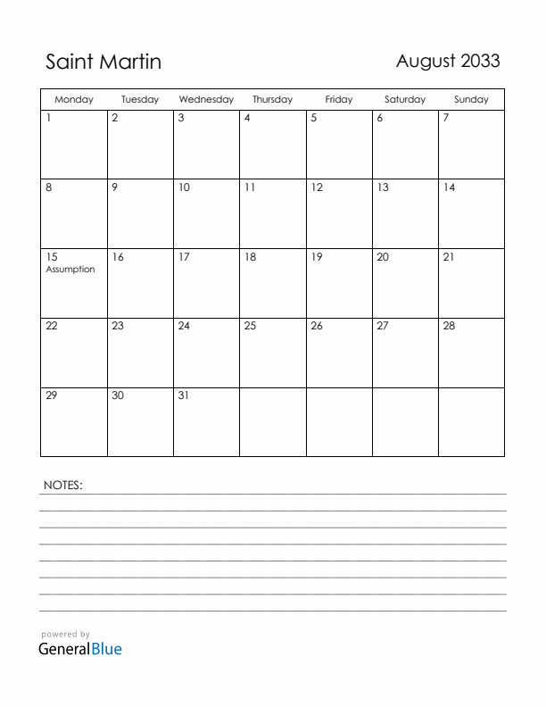 August 2033 Saint Martin Calendar with Holidays (Monday Start)