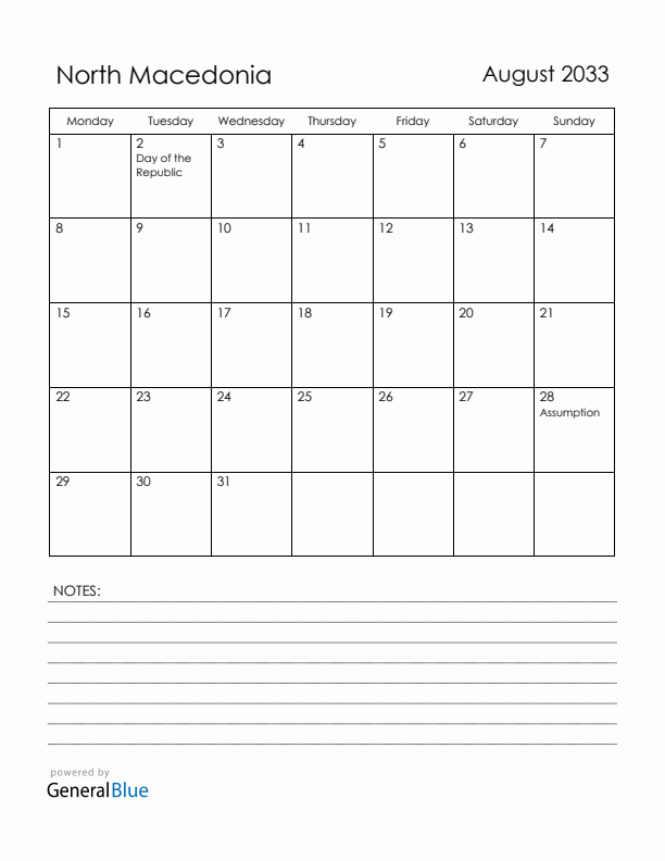 August 2033 North Macedonia Calendar with Holidays (Monday Start)