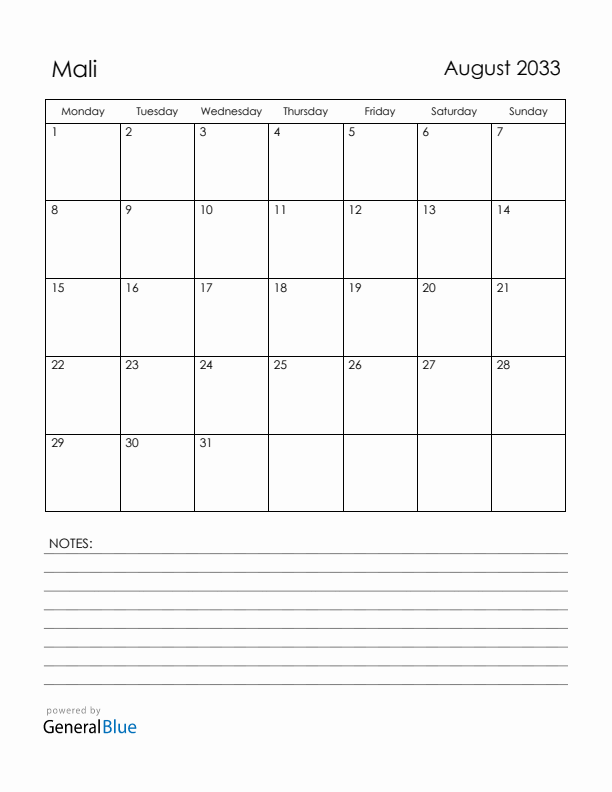 August 2033 Mali Calendar with Holidays (Monday Start)