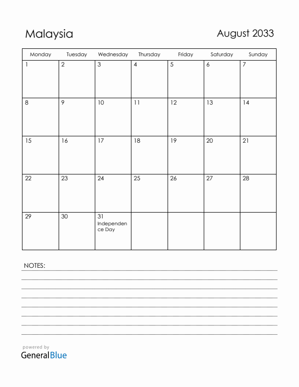 August 2033 Malaysia Calendar with Holidays (Monday Start)