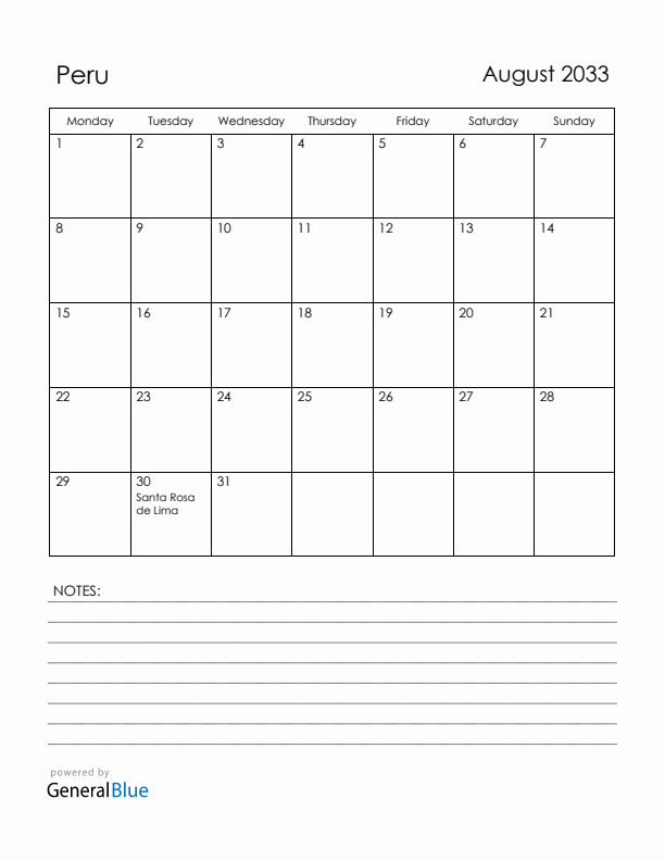 August 2033 Peru Calendar with Holidays (Monday Start)