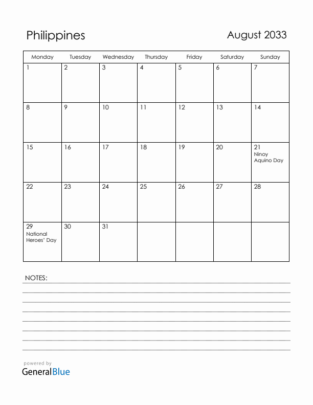 August 2033 Philippines Calendar with Holidays (Monday Start)