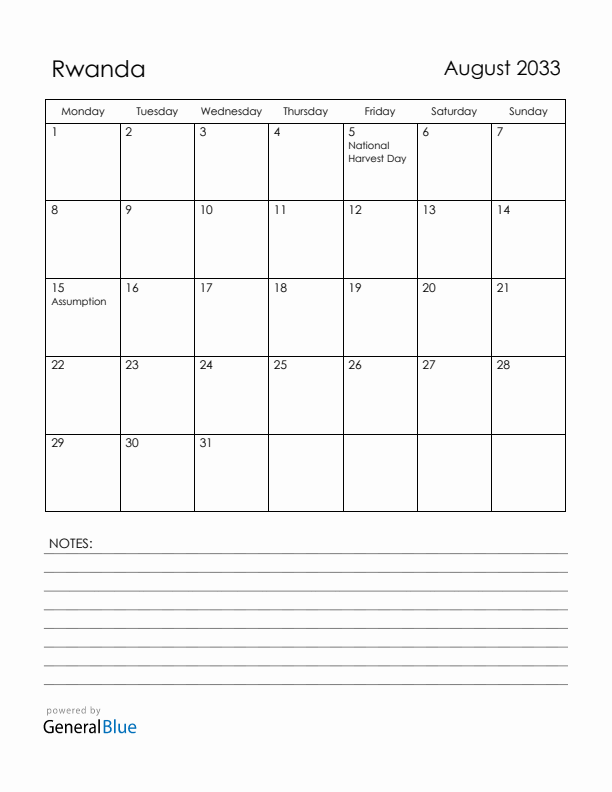 August 2033 Rwanda Calendar with Holidays (Monday Start)