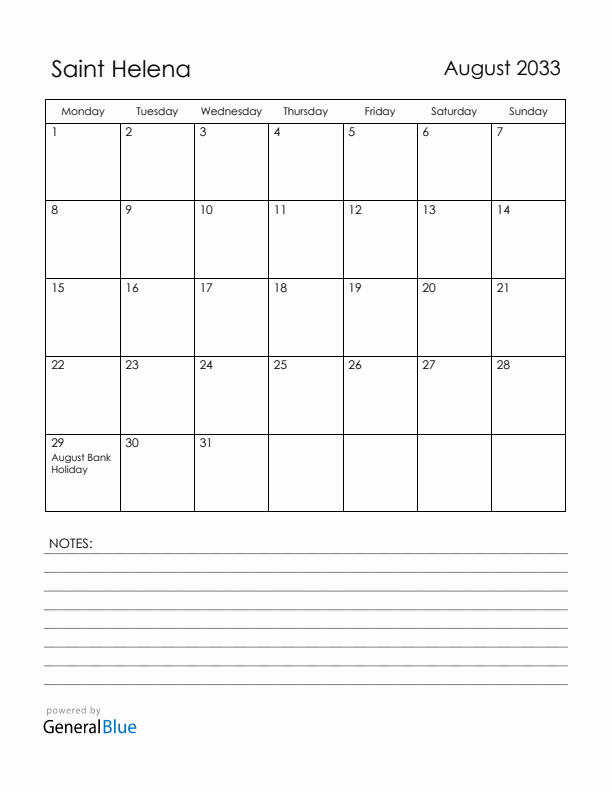 August 2033 Saint Helena Calendar with Holidays (Monday Start)