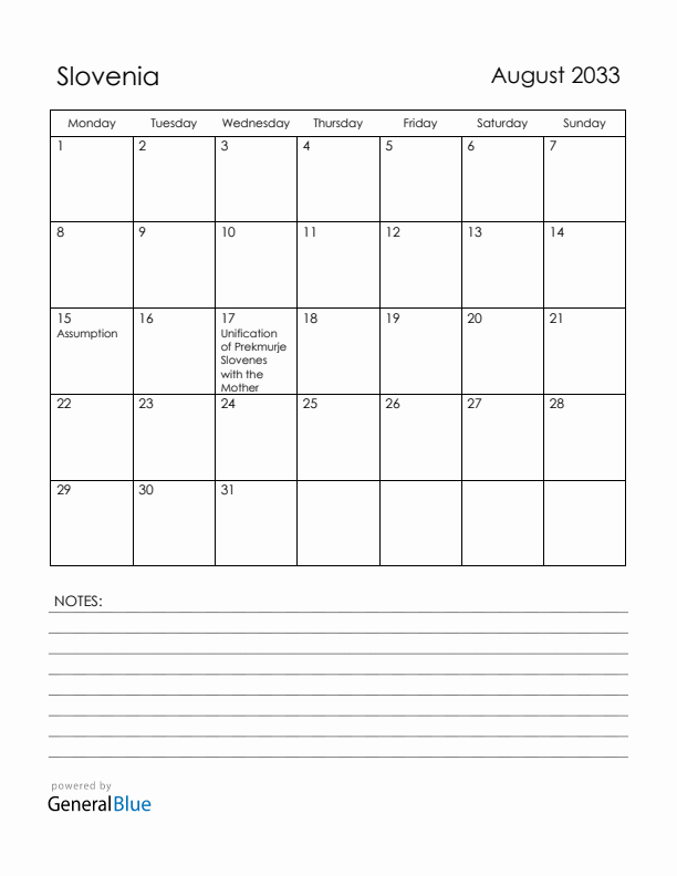 August 2033 Slovenia Calendar with Holidays (Monday Start)
