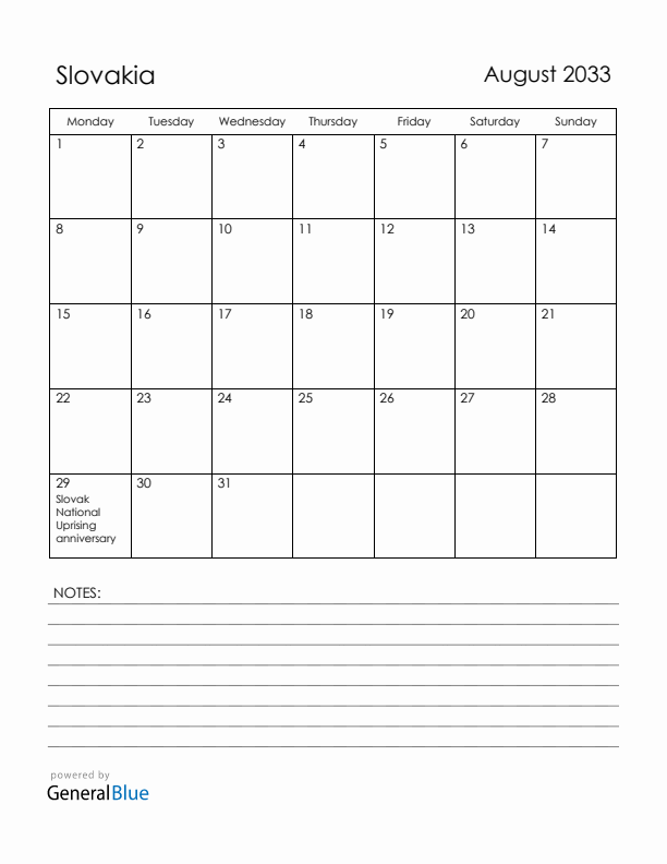 August 2033 Slovakia Calendar with Holidays (Monday Start)