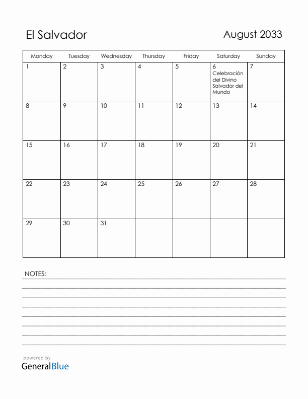 August 2033 El Salvador Calendar with Holidays (Monday Start)
