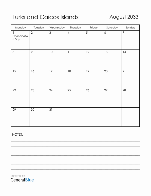 August 2033 Turks and Caicos Islands Calendar with Holidays (Monday Start)