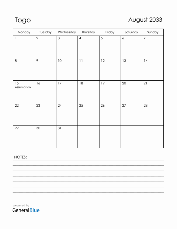 August 2033 Togo Calendar with Holidays (Monday Start)