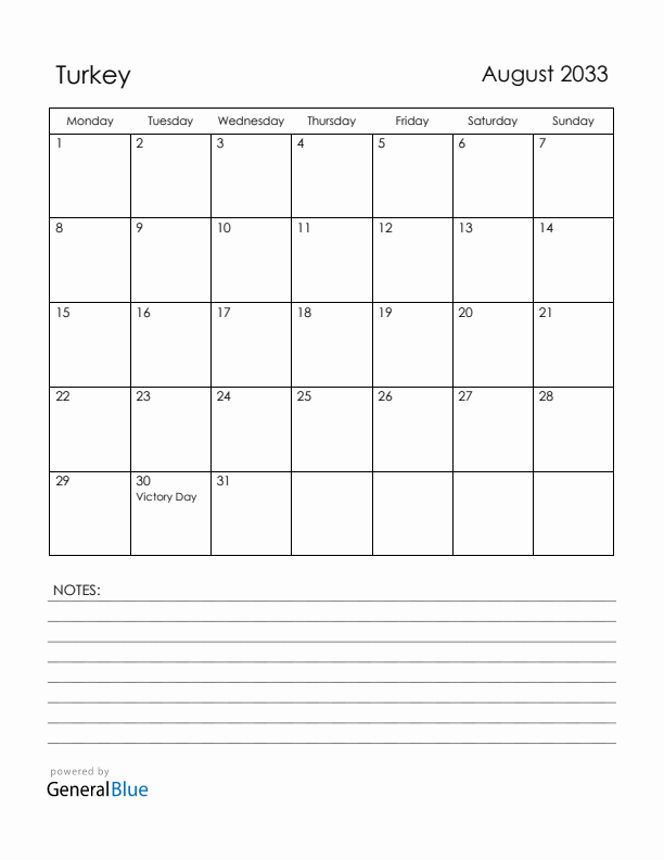 August 2033 Turkey Calendar with Holidays (Monday Start)