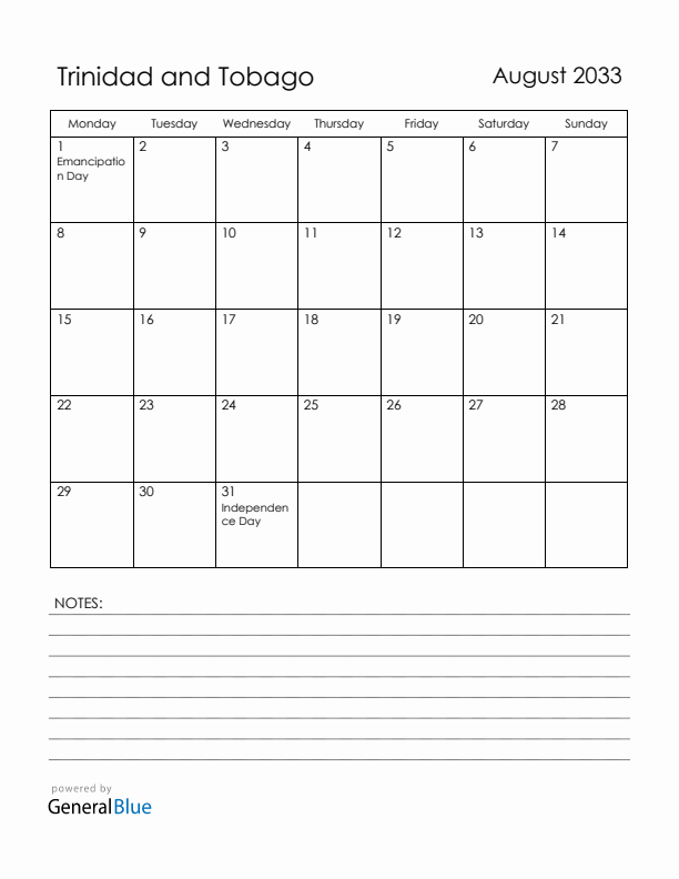 August 2033 Trinidad and Tobago Calendar with Holidays (Monday Start)