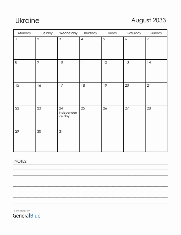 August 2033 Ukraine Calendar with Holidays (Monday Start)