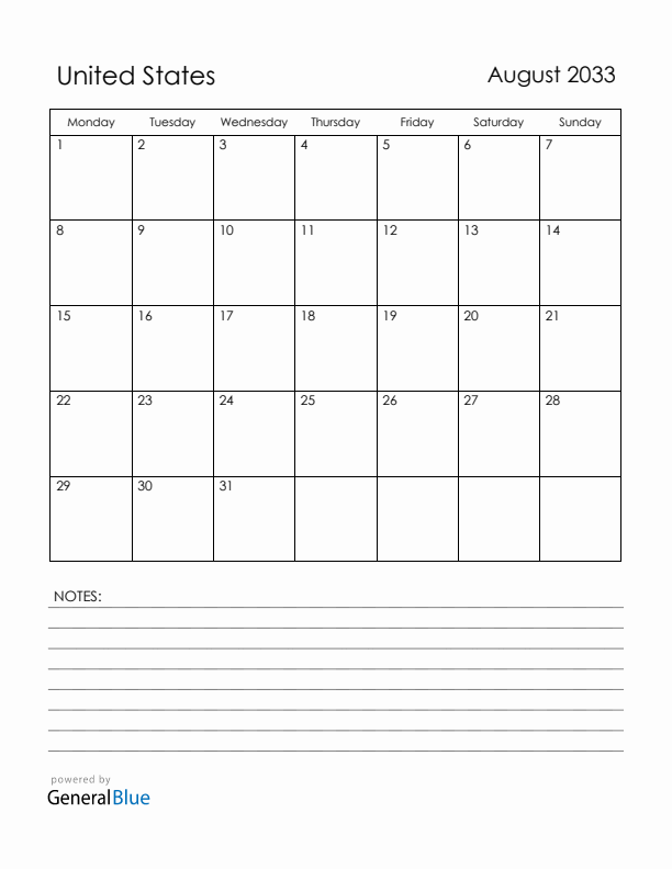 August 2033 United States Calendar with Holidays (Monday Start)