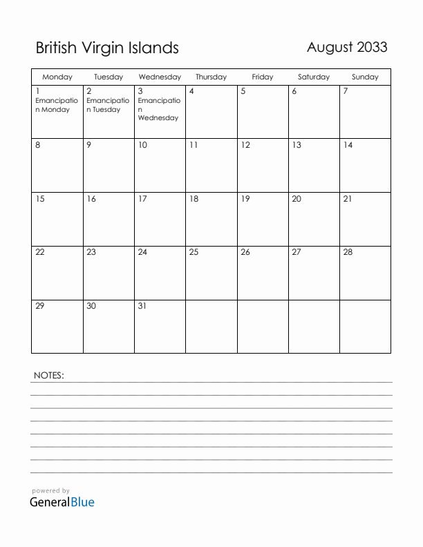 August 2033 British Virgin Islands Calendar with Holidays (Monday Start)