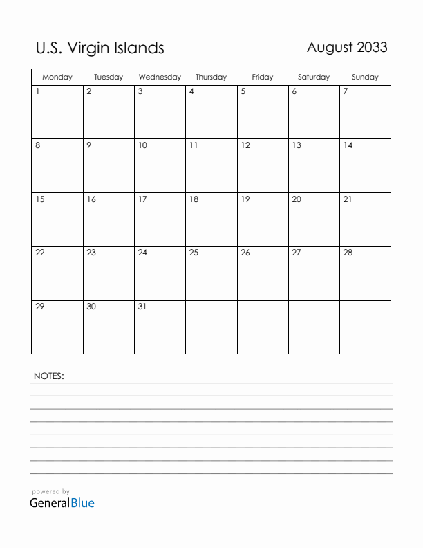 August 2033 U.S. Virgin Islands Calendar with Holidays (Monday Start)