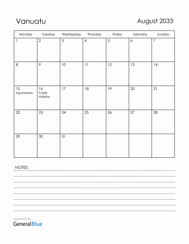 August 2033 Vanuatu Calendar with Holidays (Monday Start)
