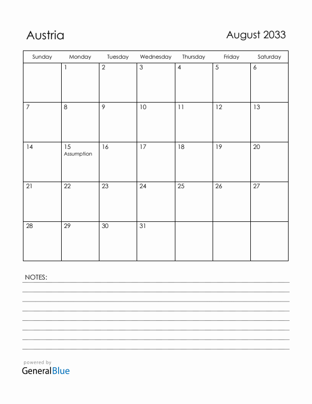 August 2033 Austria Calendar with Holidays (Sunday Start)