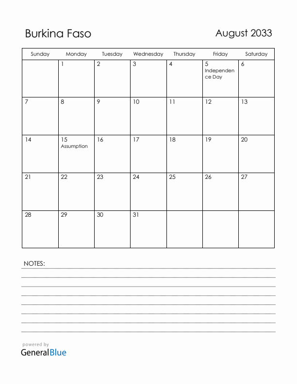 August 2033 Burkina Faso Calendar with Holidays (Sunday Start)