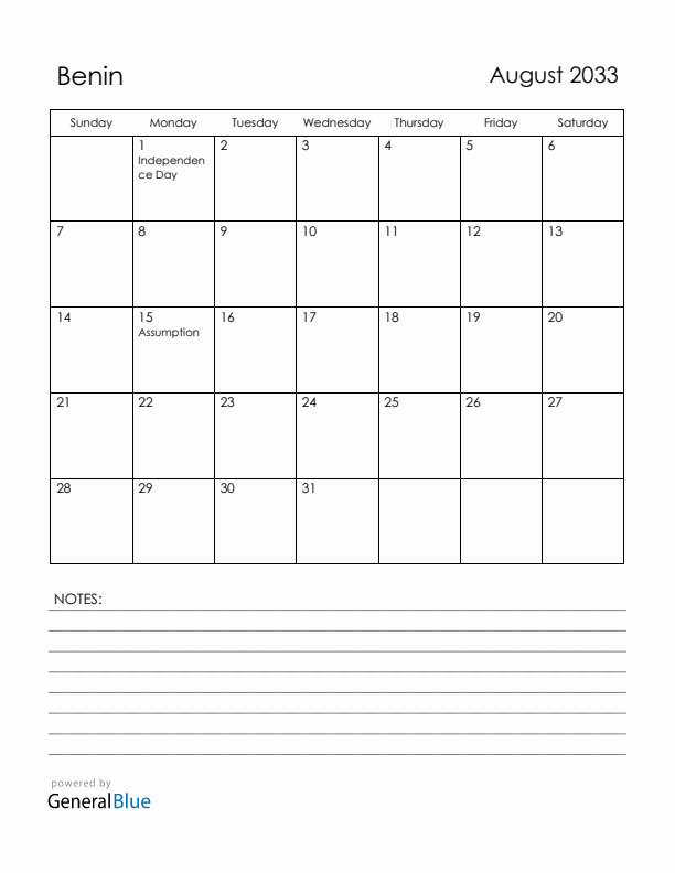 August 2033 Benin Calendar with Holidays (Sunday Start)