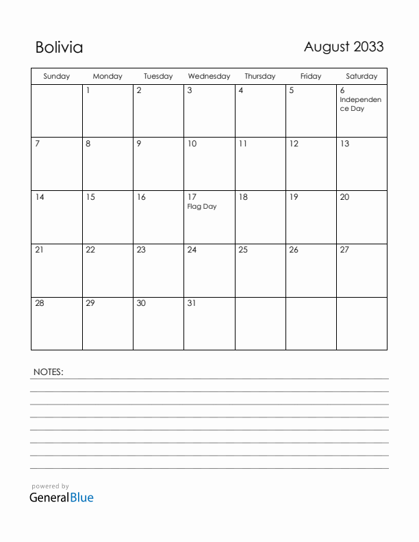 August 2033 Bolivia Calendar with Holidays (Sunday Start)