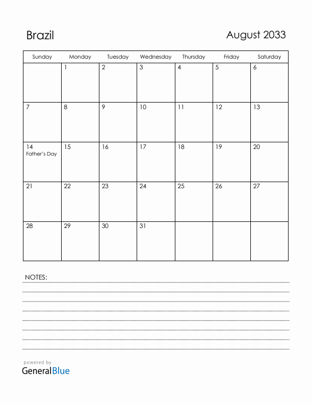 August 2033 Brazil Calendar with Holidays (Sunday Start)