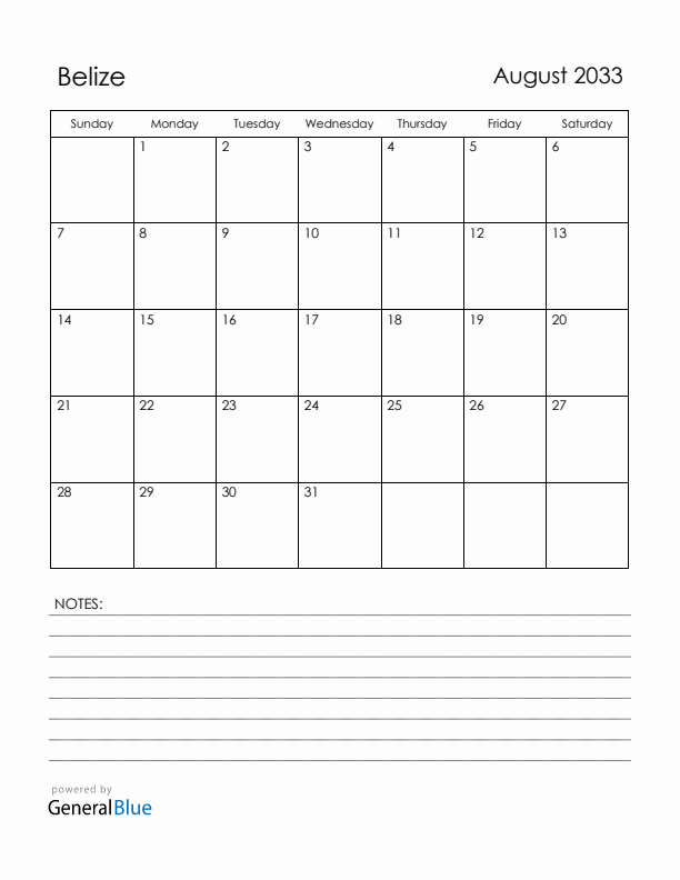 August 2033 Belize Calendar with Holidays (Sunday Start)