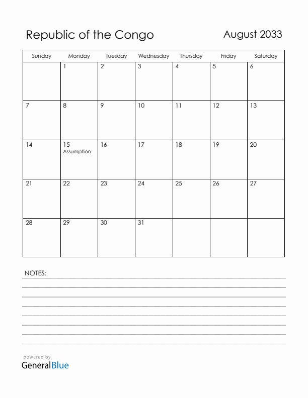 August 2033 Republic of the Congo Calendar with Holidays (Sunday Start)