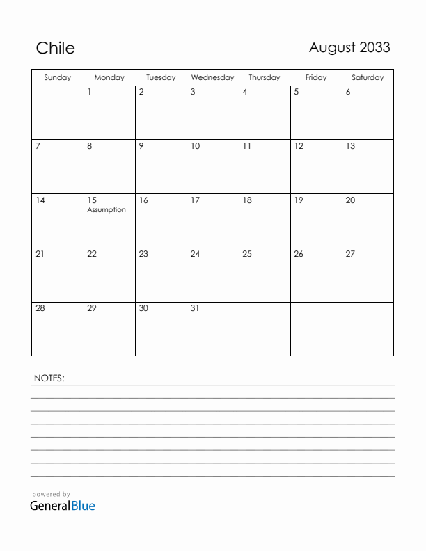 August 2033 Chile Calendar with Holidays (Sunday Start)