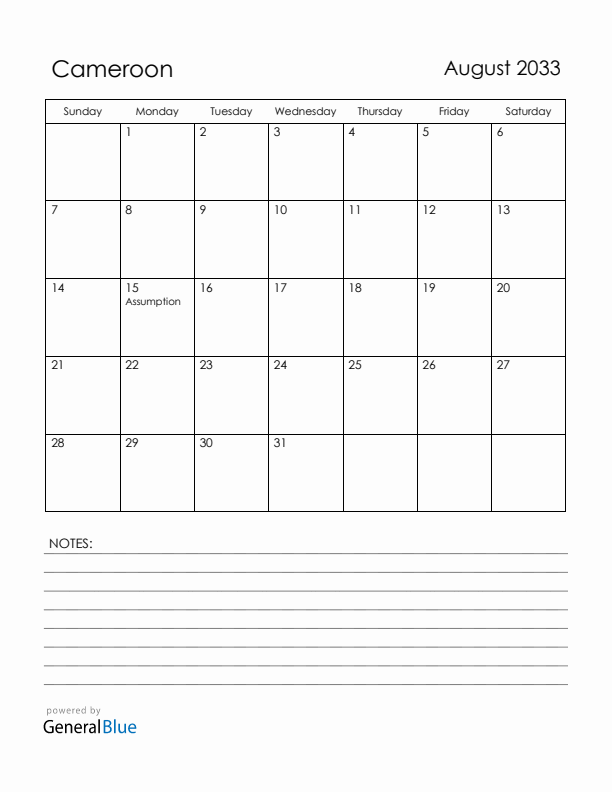 August 2033 Cameroon Calendar with Holidays (Sunday Start)