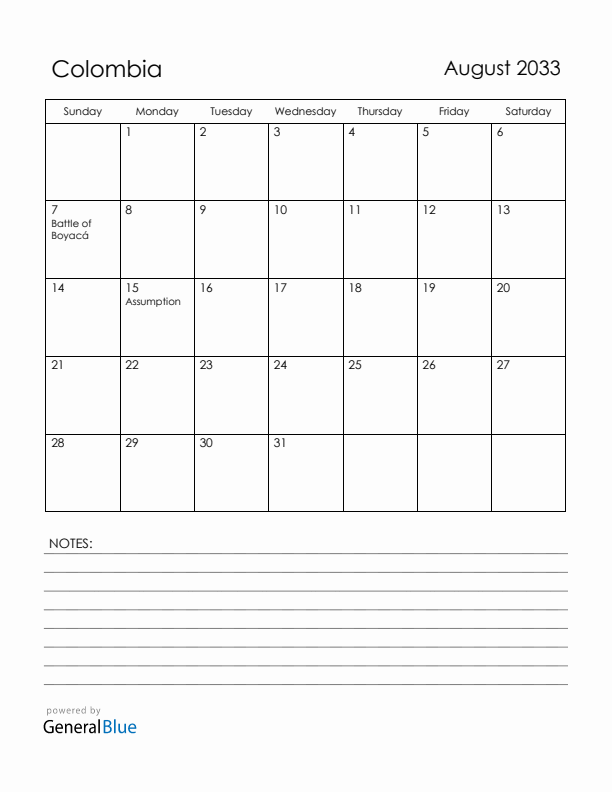August 2033 Colombia Calendar with Holidays (Sunday Start)