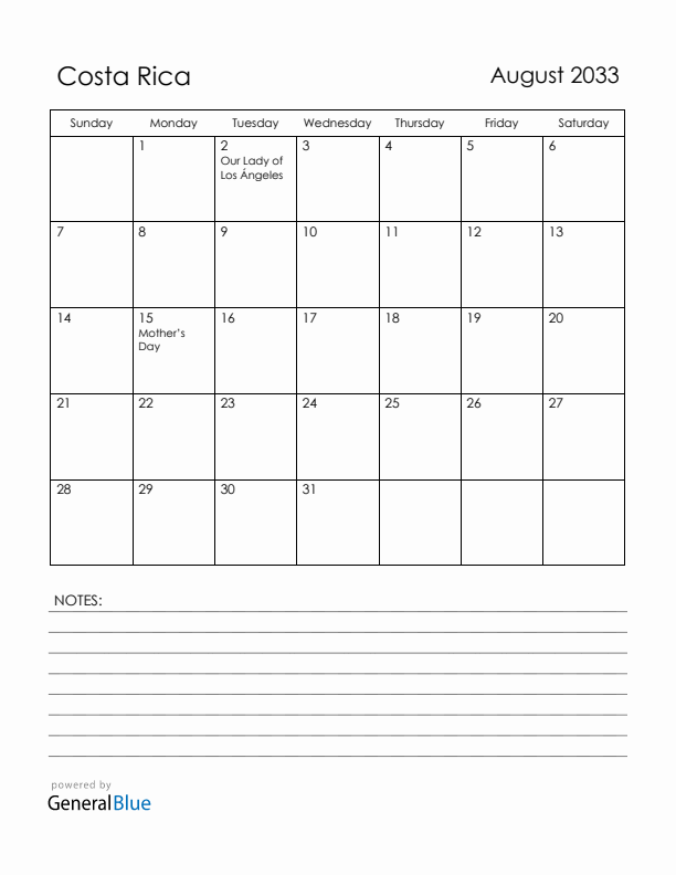 August 2033 Costa Rica Calendar with Holidays (Sunday Start)