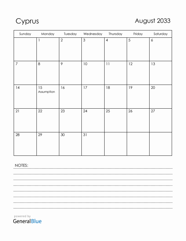 August 2033 Cyprus Calendar with Holidays (Sunday Start)