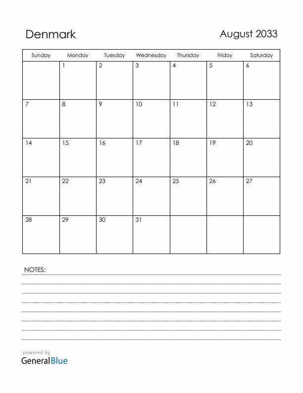 August 2033 Denmark Calendar with Holidays (Sunday Start)