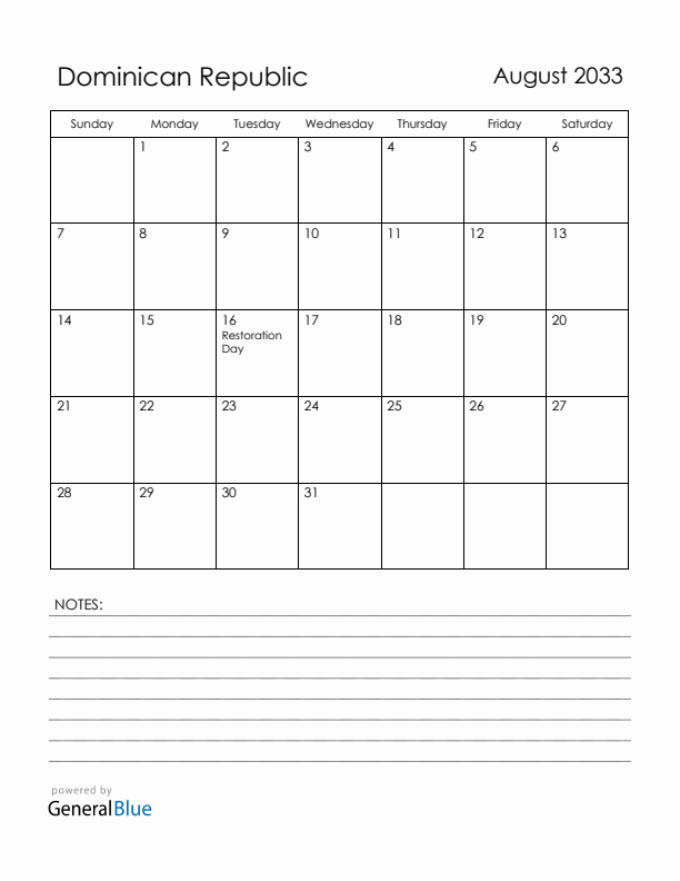 August 2033 Dominican Republic Calendar with Holidays (Sunday Start)