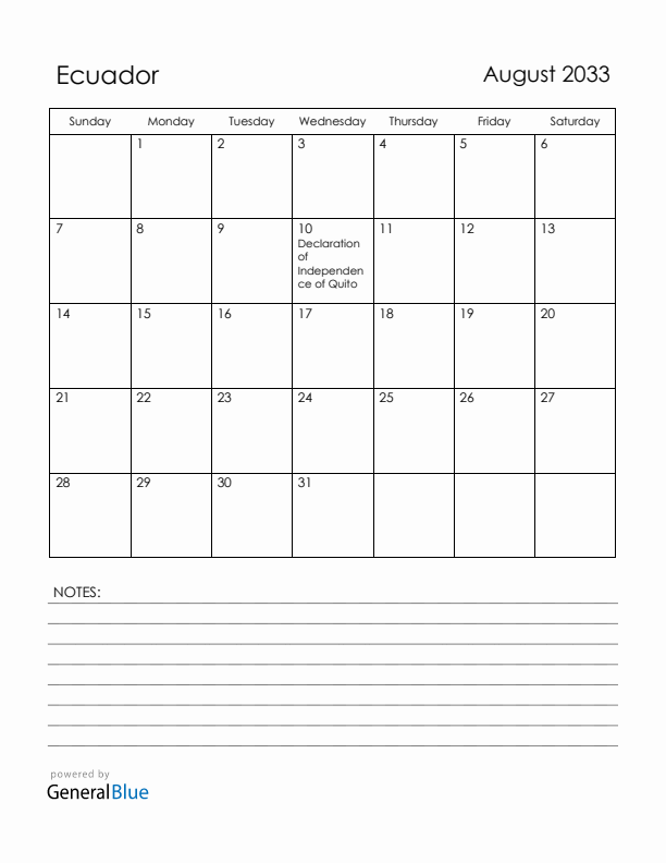 August 2033 Ecuador Calendar with Holidays (Sunday Start)