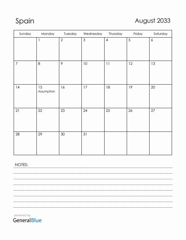 August 2033 Spain Calendar with Holidays (Sunday Start)