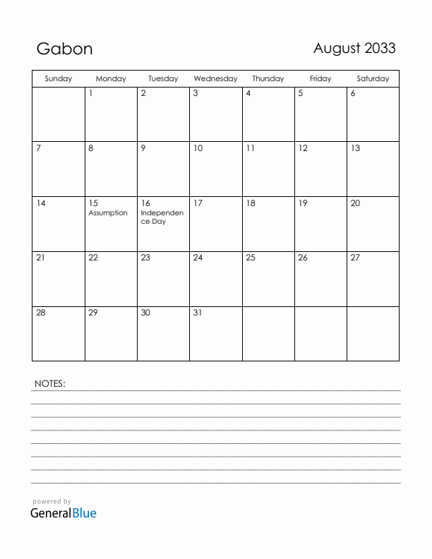 August 2033 Gabon Calendar with Holidays (Sunday Start)