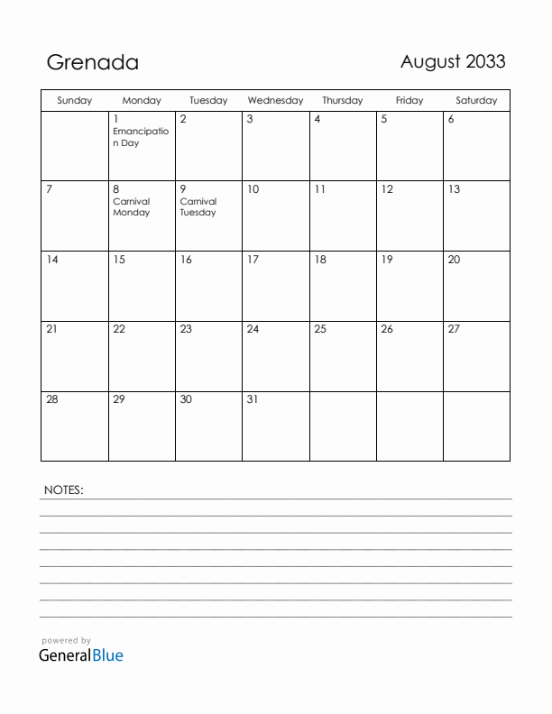 August 2033 Grenada Calendar with Holidays (Sunday Start)
