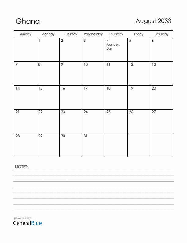 August 2033 Ghana Calendar with Holidays (Sunday Start)
