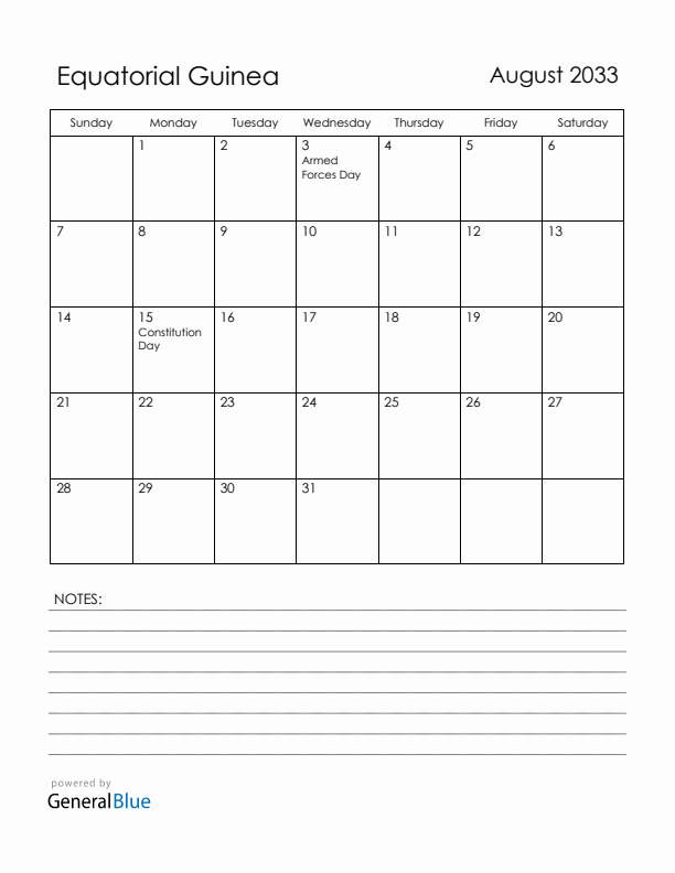 August 2033 Equatorial Guinea Calendar with Holidays (Sunday Start)