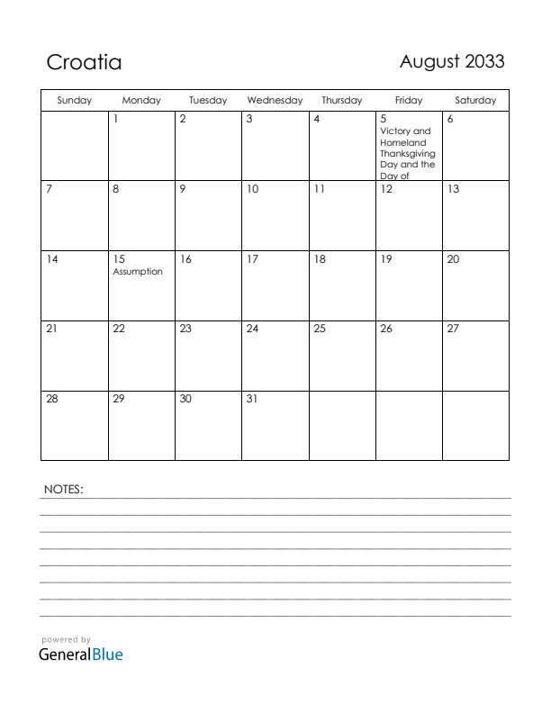 August 2033 Croatia Calendar with Holidays (Sunday Start)