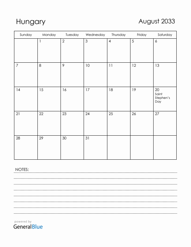 August 2033 Hungary Calendar with Holidays (Sunday Start)