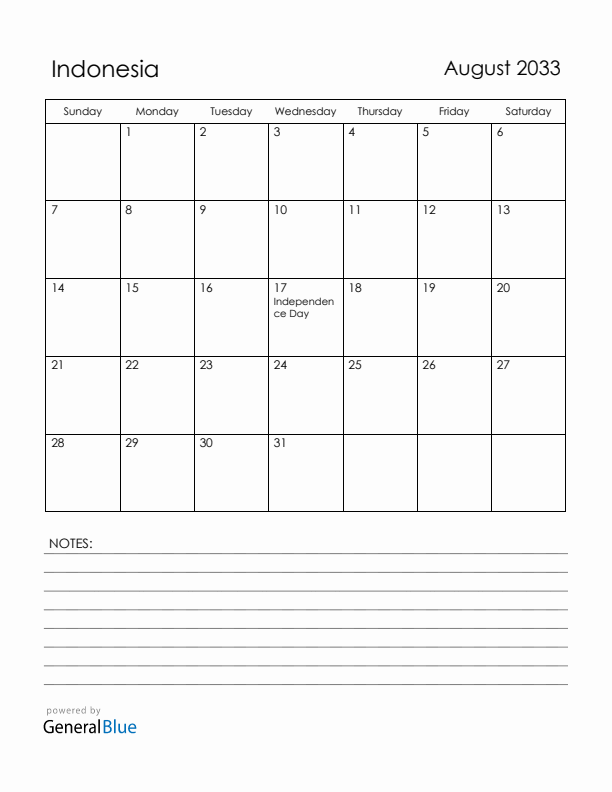 August 2033 Indonesia Calendar with Holidays (Sunday Start)