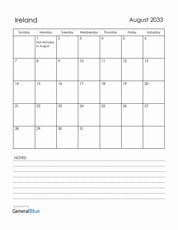 August 2033 Ireland Calendar with Holidays (Sunday Start)